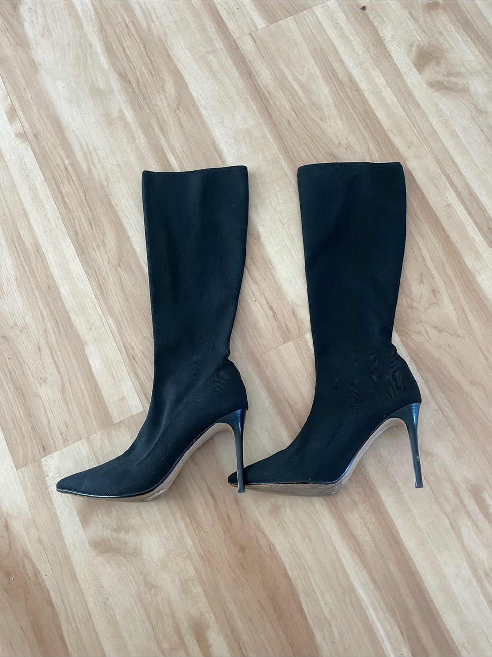 Saks Fifth Avenue Black Stretch-Knit Pointed-Toe Stiletto Knee Boots